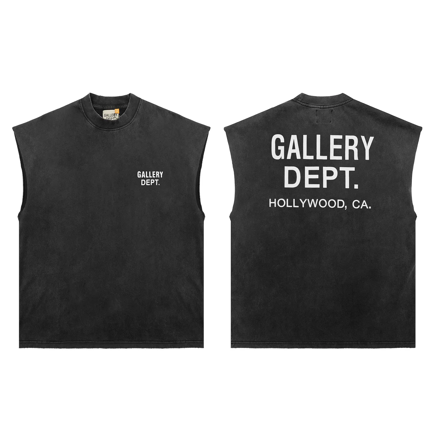 pt #G1001 P110 GALLERY DEPT. Old and frayed sleeveless waistcoat short sleeves. Basic black and white letter printing. Made of 280G double yarn pure cotton. The fabric is comfortable and stylish. After washing and distressing, the upper body becomes more fashionable and cool. The collar and hem are frayed. The design is full. The US version is too large. Color: washed black. Size S/M/L/XL